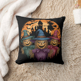 Halloween scarecrow trio under a spooky moonlight cushion
