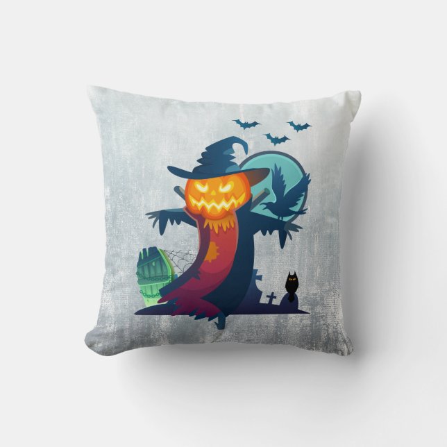 Halloween Scarecrow With Bats Crow And Owl Cushion (Front)