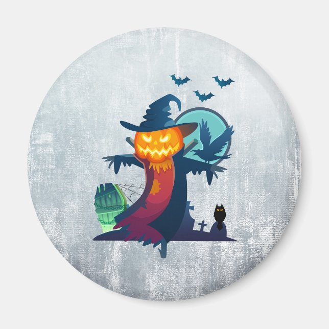 Halloween Scarecrow With Bats Crow And Owl Magnet (Front)