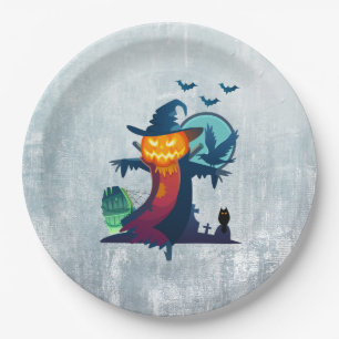 Halloween Scarecrow With Bats Crow And Owl Paper Plate