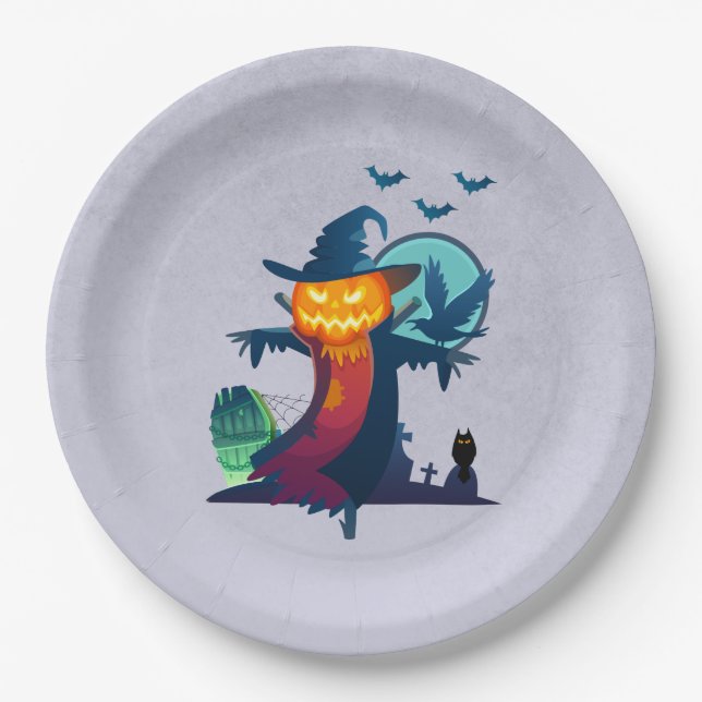 Halloween Scarecrow With Bats Crow And Owl Paper Plate (Front)