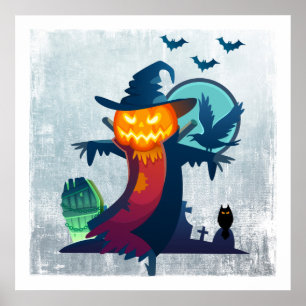 Halloween Scarecrow With Bats Crow And Owl Poster