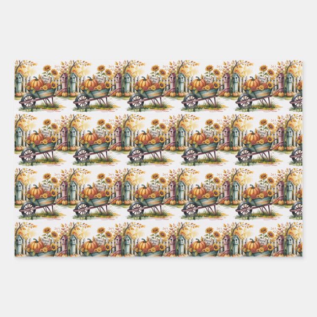 Halloween Scarecrows, Kitty Witch, Fall Harvest,   Wrapping Paper Sheet (Front)