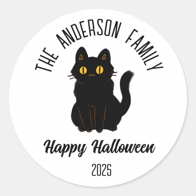 Halloween Scary Black Cat Personalised Name Classic Round Sticker (Front)