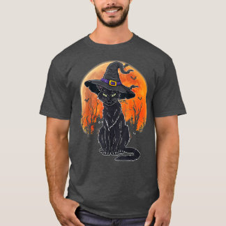 Halloween Scary Black Cat With Witch Hat Premium  T-Shirt