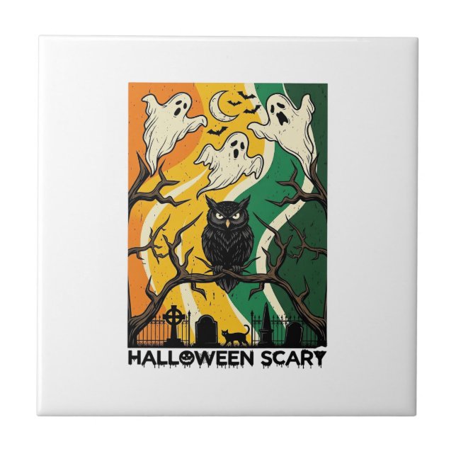 Halloween Scary Black Owl Ghosts Graveyard_1 Ceramic Tile (Front)
