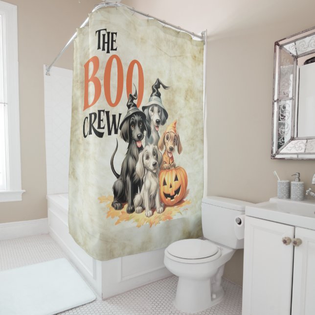 Halloween Scary Boo Dogs Crew Orange Pumpkin Shower Curtain (In Situ)