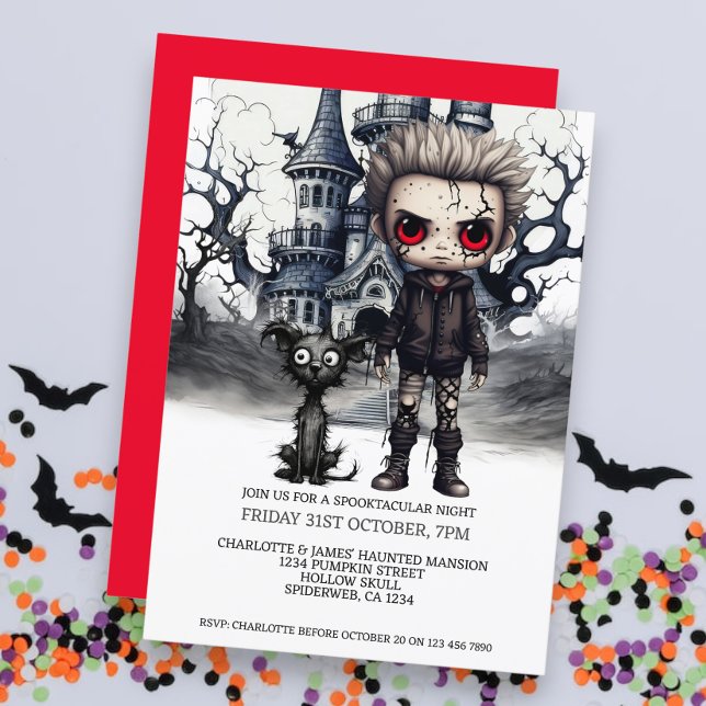 Halloween Scary Boy and Dog Under a Full Moon Invitation (Halloween Scary Boy and Dog Under a Full Moon Invitation from Ricaso. Fun black dog Halloween )