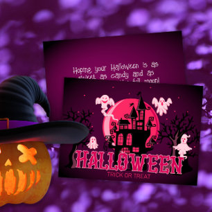 Halloween Scary Castle Ghost and Purple Pink Moon  Card