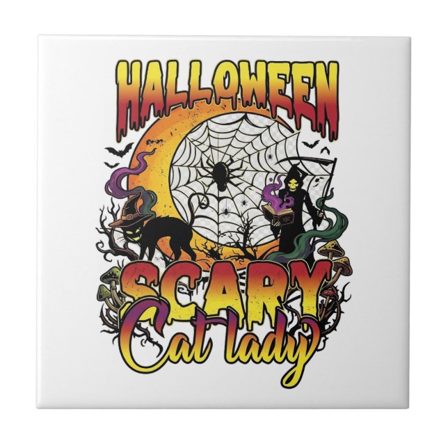 Halloween Scary Cat Lady Grim Reaper Moon Magic Bo Ceramic Tile (Front)