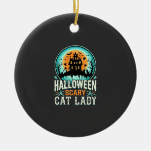 Halloween Scary Cat Lady Haunted House Design_1 Ceramic Ornament