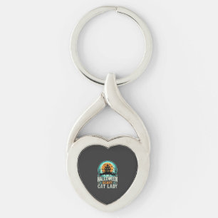Halloween Scary Cat Lady Haunted House Design_1 Key Ring
