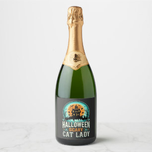 Halloween Scary Cat Lady Haunted House Design_1 Sparkling Wine Label
