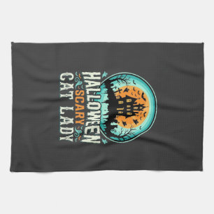 Halloween Scary Cat Lady Haunted House Design_1 Tea Towel