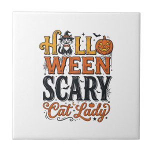 Halloween Scary Cat Lady Vintage Cat Shirt Design_ Ceramic Tile