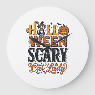 Halloween Scary Cat Lady Vintage Cat Shirt Design_ Large Clock