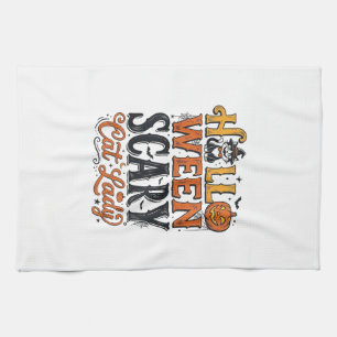 Halloween Scary Cat Lady Vintage Cat Shirt Design_ Tea Towel
