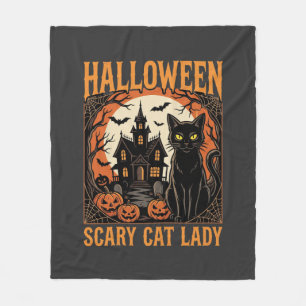 Halloween Scary Cat Lady Vintage Design Fleece Blanket