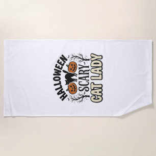 Halloween Scary Cat Lady Vintage Vector Design_1 Beach Towel