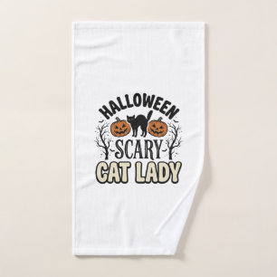 Halloween Scary Cat Lady Vintage Vector Design_1 Hand Towel