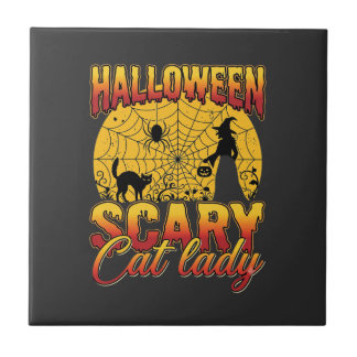 Halloween Scary Cat Lady Witch Spider Web Ceramic Tile