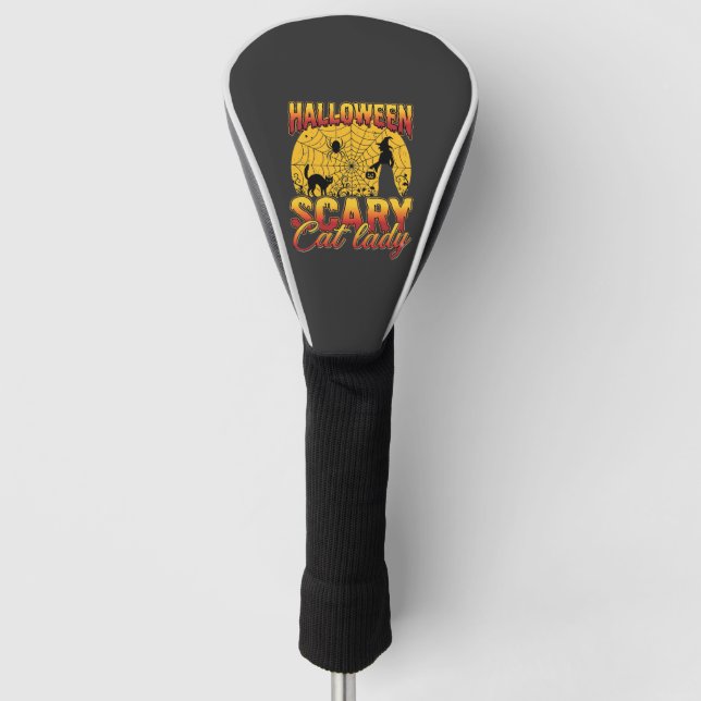 Halloween Scary Cat Lady Witch Spider Web Golf Head Cover (Front)