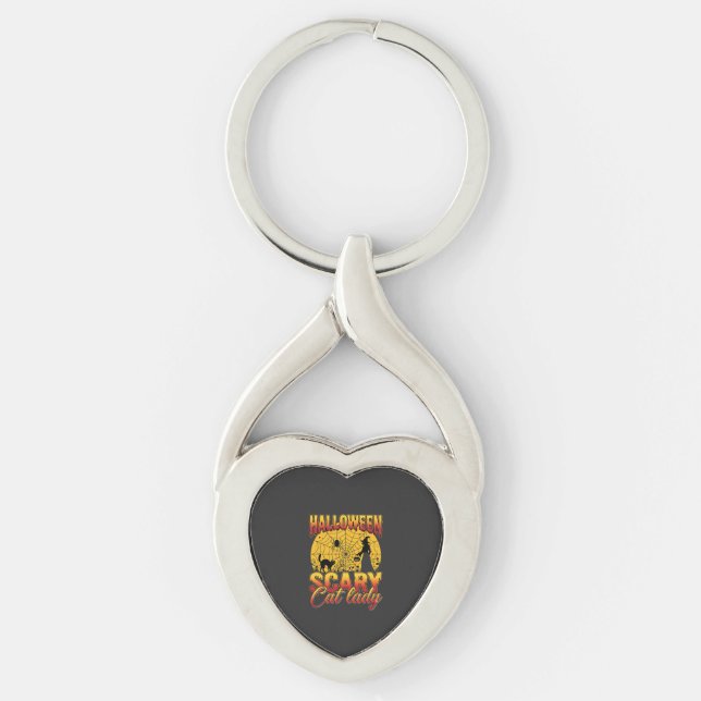 Halloween Scary Cat Lady Witch Spider Web Key Ring (Front)