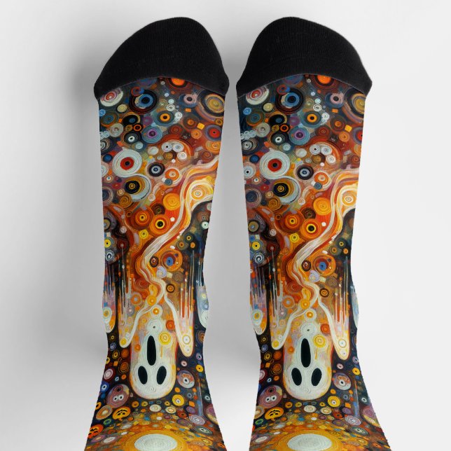 Halloween Scary Ghost Orange Black Novelty Socks (Top)