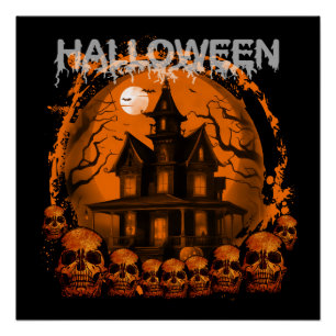 HALLOWEEN SCARY HAUNTED HOUSE SKULLS POSTER