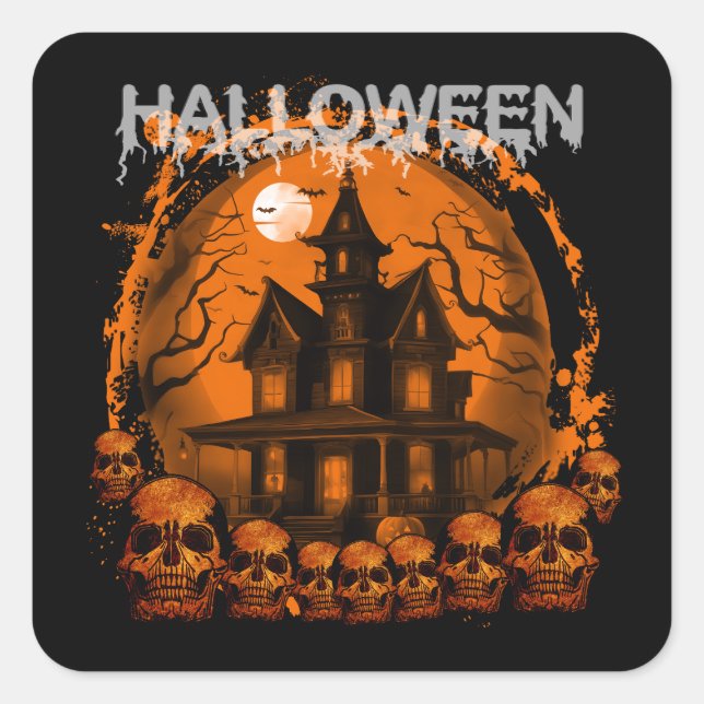 HALLOWEEN SCARY HAUNTED HOUSE SKULLS SQUARE STICKER (Front)