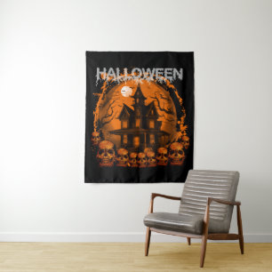 HALLOWEEN SCARY HAUNTED HOUSE SKULLS TAPESTRY