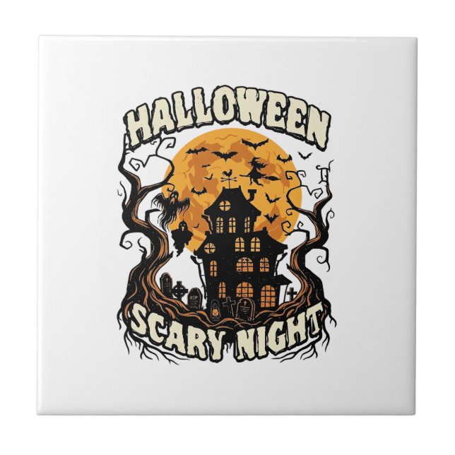 Halloween Scary Night Haunted House Full Moon Witc Ceramic Tile (Front)