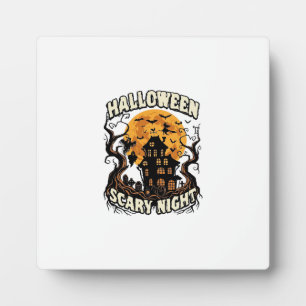 Halloween Scary Night Haunted House Full Moon Witc Plaque