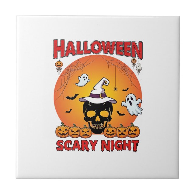 Halloween Scary Night Skull Witch Hat Pumpkins Gho Ceramic Tile (Front)