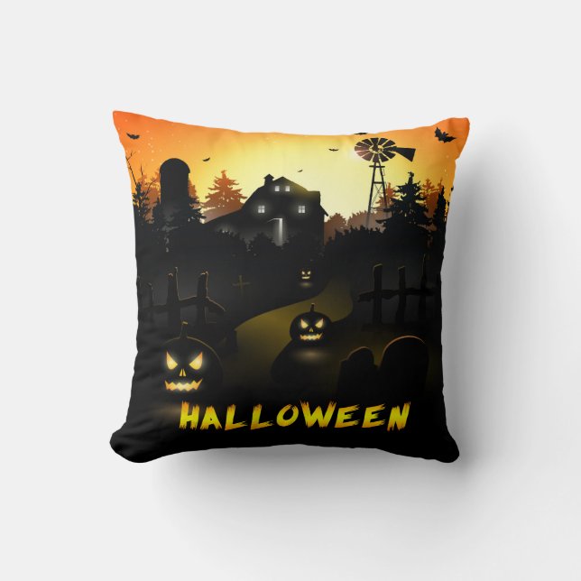 Halloween Scary Pumpkin Scene Cushion (Front)