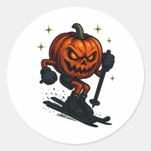 Halloween Scary Pumpkin Showing Skiing Skills Spoo Classic Round Sticker