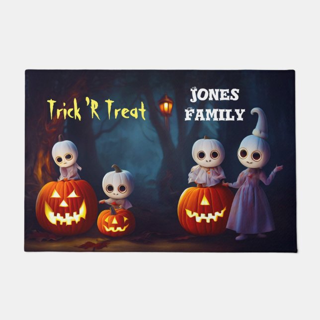 Halloween Scary Pumpkins In Dark Forest Doormat (Front)