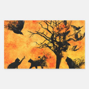 Halloween Scary Scene 10 Blk Cats Bats Ravens Rectangular Sticker