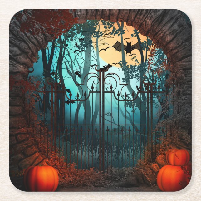 Halloween Scary Scene 2 - Gates Square Paper Coaster (Front)