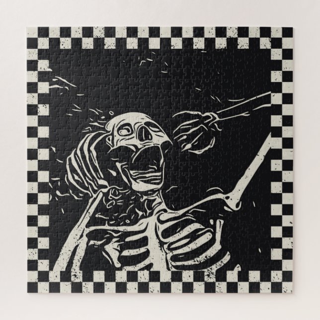 Halloween Scary Skeleton Black White Chequered Jigsaw Puzzle (Vertical)