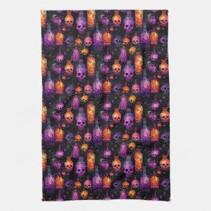Halloween Scary Skulls Purple Orange Potion's Tea Towel