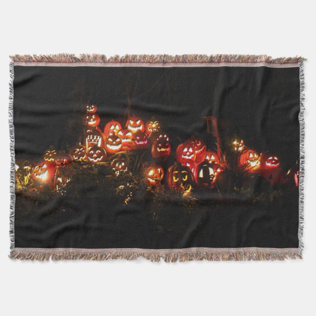 Halloween Scene Filled with Jack-O-Lanterns Throw Blanket (Front)
