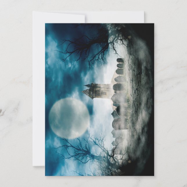 Halloween scene. Haunted ghost house on graveyard. (Front)