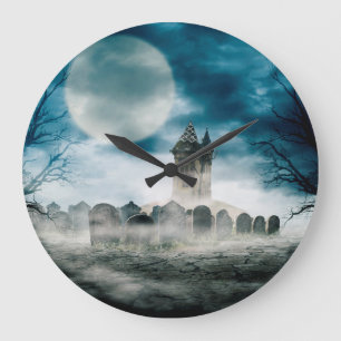 Halloween scene. Haunted house on graveyard Large Clock