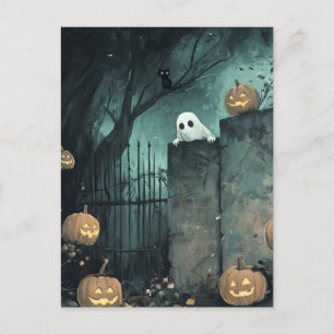 Halloween Scene with Ghost and Cat Postcard