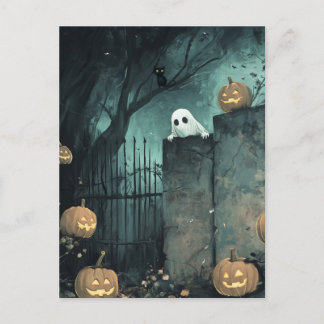 Halloween Scene with Ghost and Cat Postcard