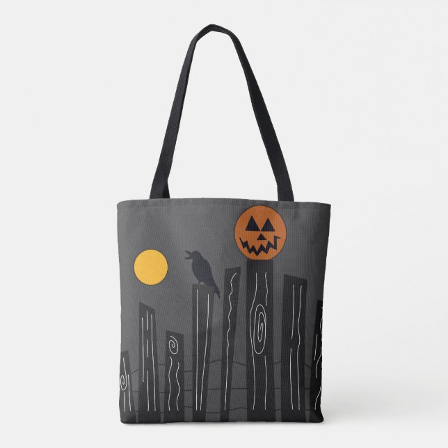 Halloween scene with Jack o’ lanterns, black crows Tote Bag (Back)