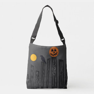 Halloween scene with pumpkin, crow and moon crossbody bag