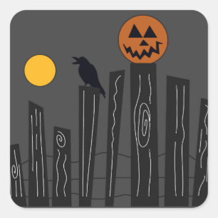 Halloween scene with pumpkin, crow and moon  square sticker