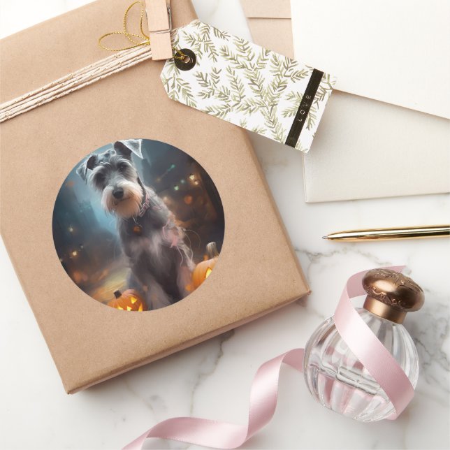 Halloween Schnauzer With Pumpkins Scary Classic Round Sticker (Gifting)